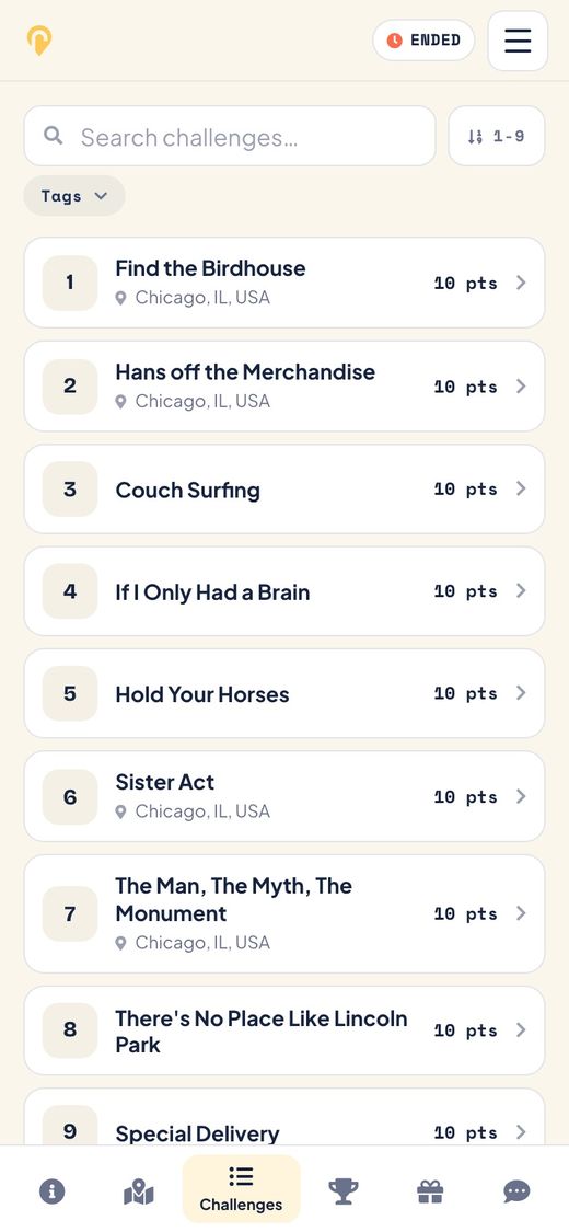 The Roamli player view of a city-wide race: a numbered list of challenges with points