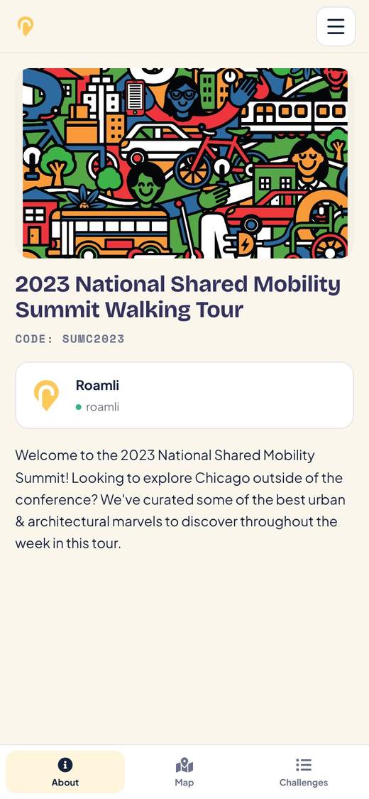 The National Shared Mobility Summit Walking Tour's About page in the Roamli player