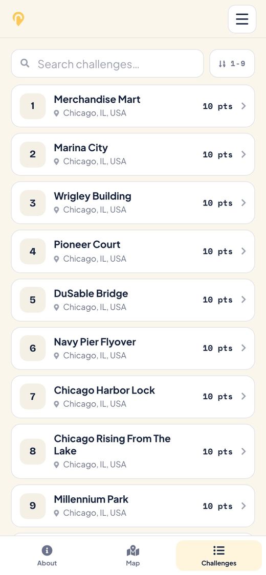 The tour's numbered stop list in the Roamli player, starting with the Merchandise Mart