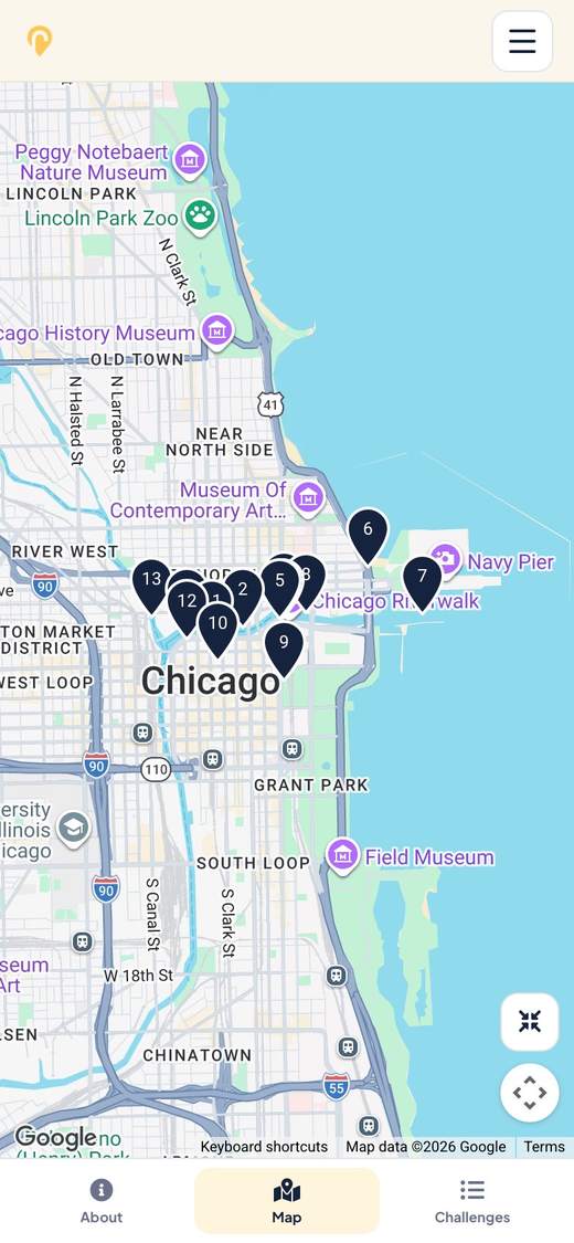 The tour's map in the Roamli player, with 13 numbered pins along the Chicago River and lakefront