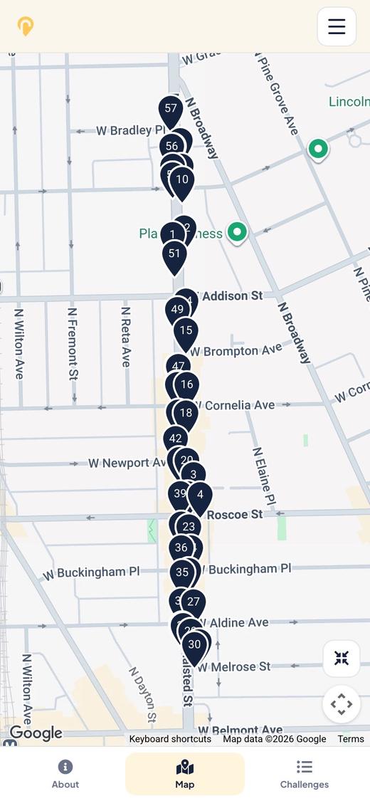 The tour's map in the Roamli player, with numbered pins along Halsted Street