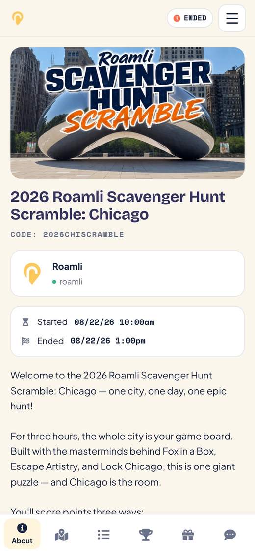 The About page for the Roamli Scavenger Hunt Scramble: Chicago in the player view