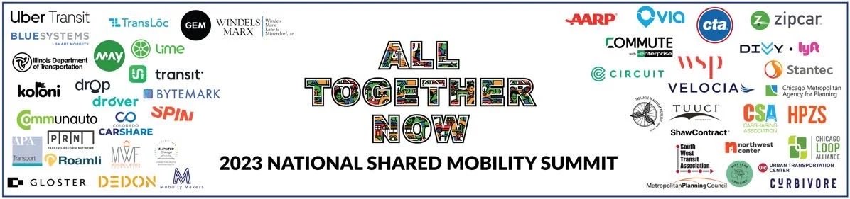 The National Shared Mobility Summit supporter wall, headlined 'All Together Now', with the Roamli logo near the bottom left