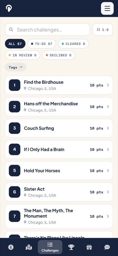 Roamli screenshot: Challenge list